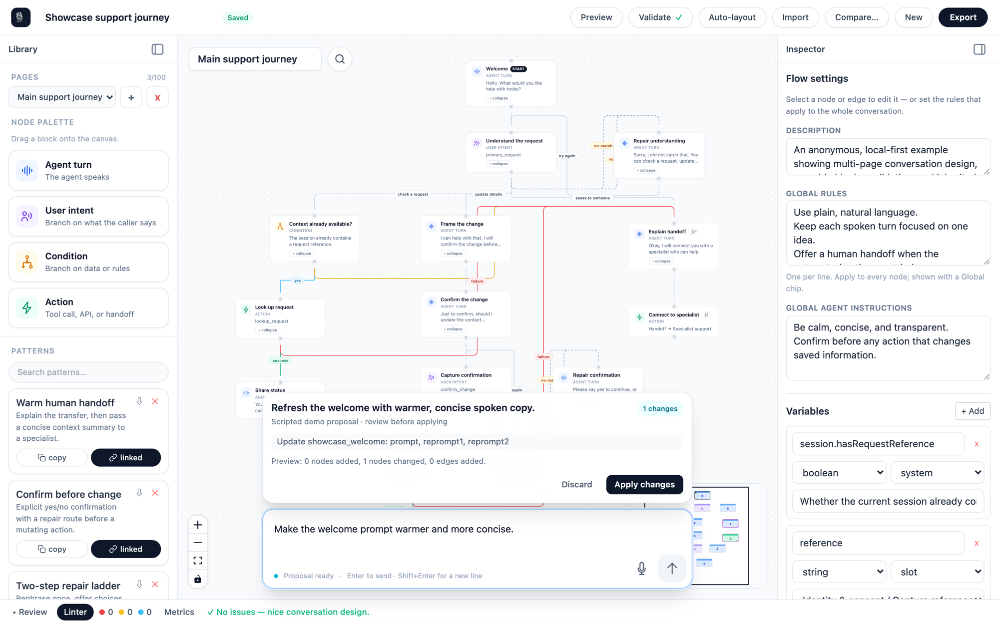 The assistant composer showing a proposal with a one-line summary, the operations it would perform, and Discard and Apply changes buttons