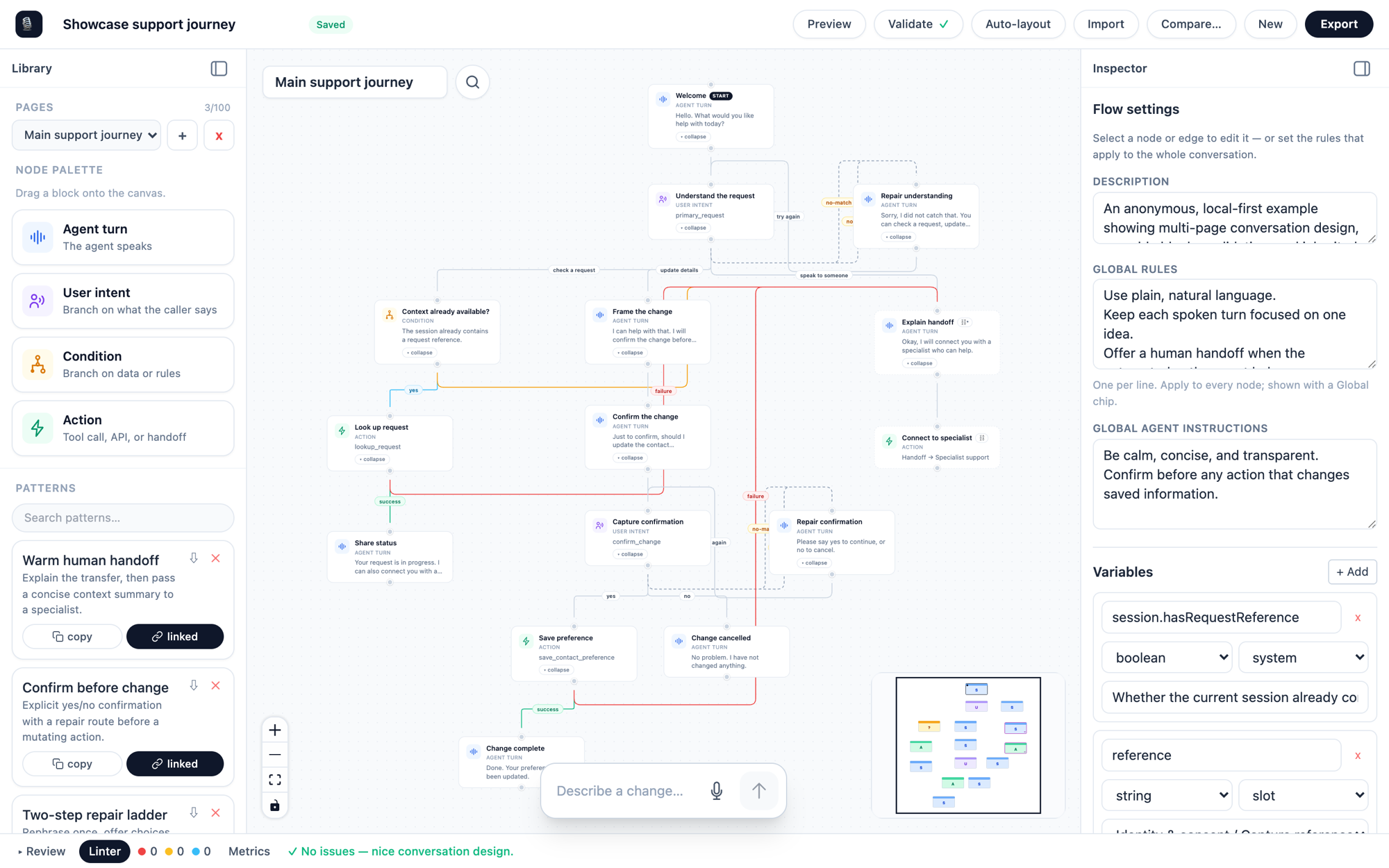 The Conversational Design Builder canvas: node palette and patterns on the left, a support journey in the middle, global rules and variables on the right