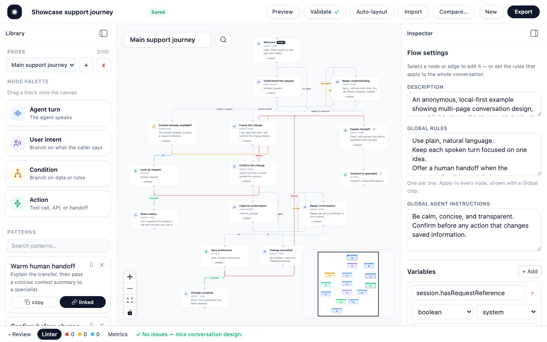 The live showcase: a support journey on the canvas with library and inspector panels