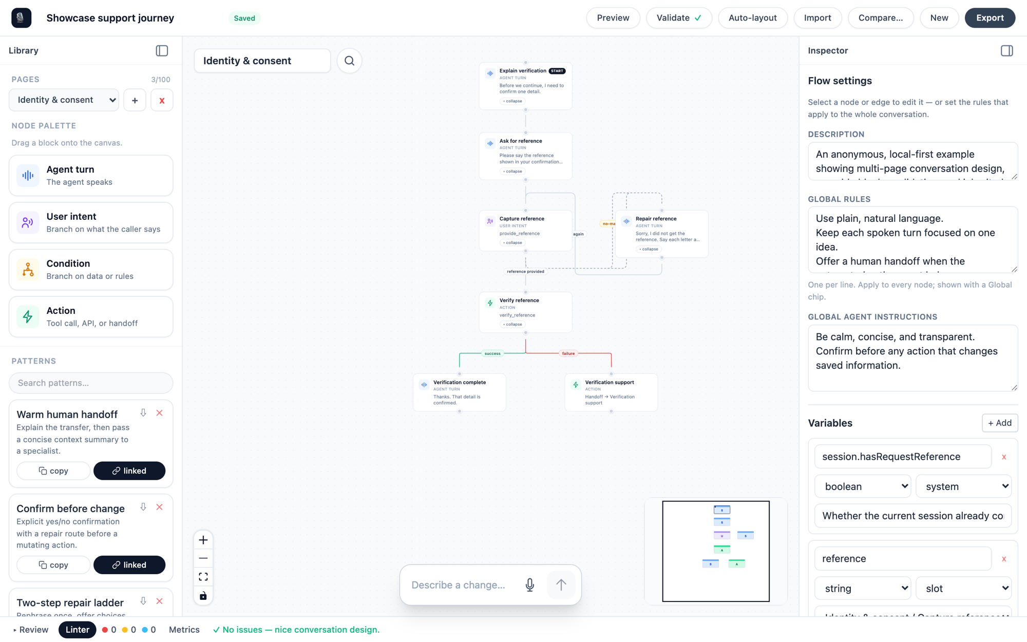 A second page of the same flow, an identity and consent journey, with its own canvas and minimap
