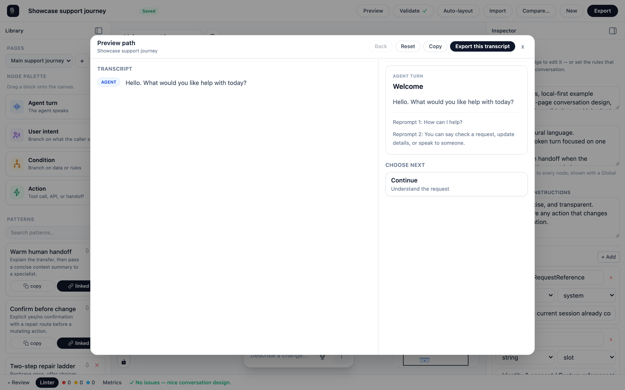 The path preview dialog showing a caller transcript on the left and the current agent turn with next choices on the right